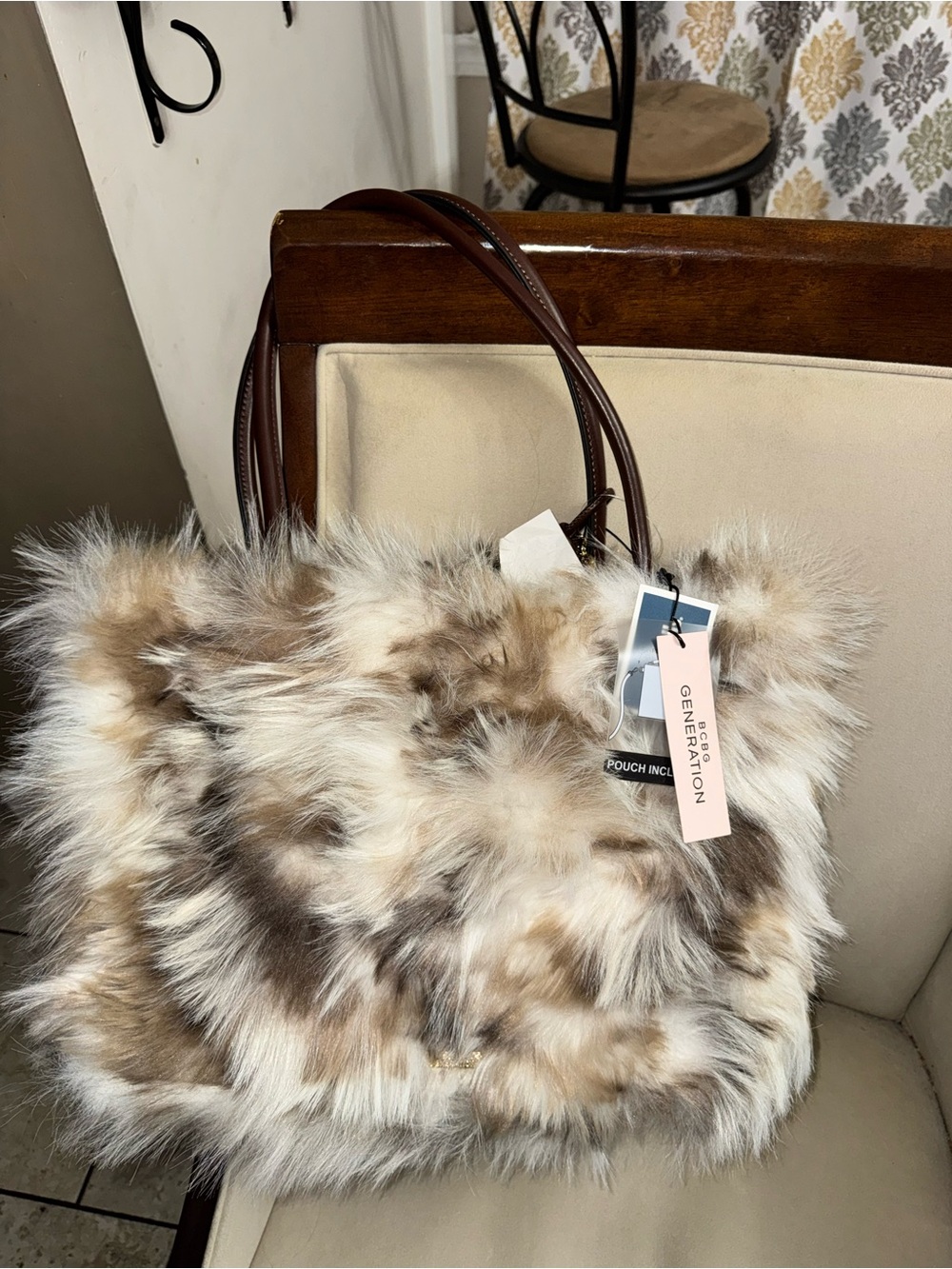 BCBGeneration Faux Fur Tote in Cream and Brown with Dark Brown Straps